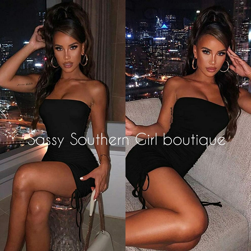 ⭐🆕 Black ribbed tube drawstring dress